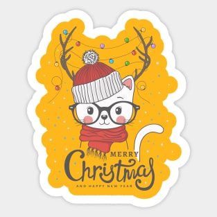 Little Cat with deer horns, merry christmas Sticker